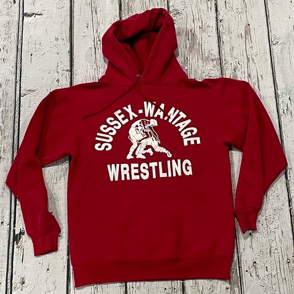 Vintage 1990s Sussex - Wantage Wrestling 90s Red Hoodie Pullover Sweatshirt - Picture 1 of 7